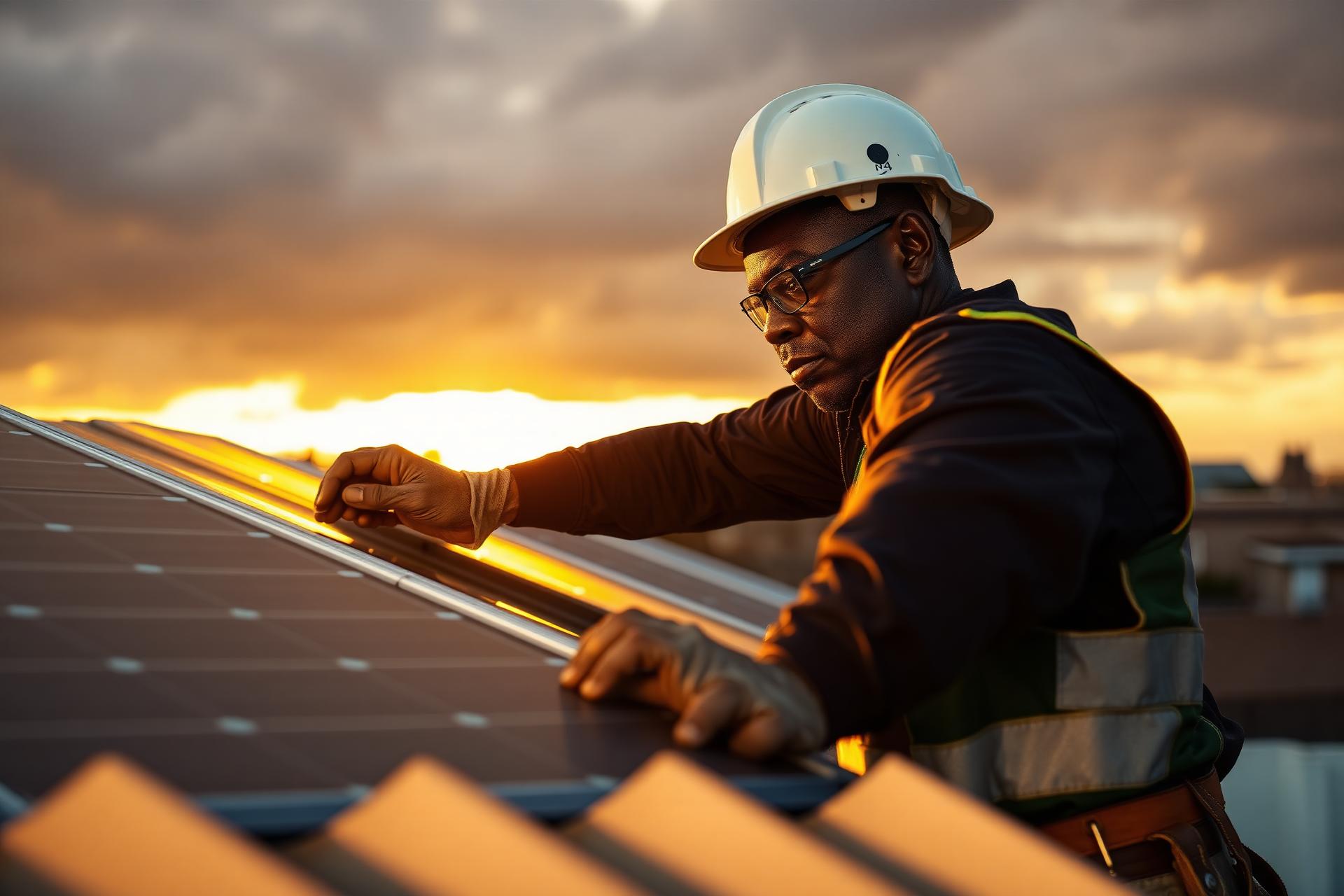 Electrician installing solar panels at sunset